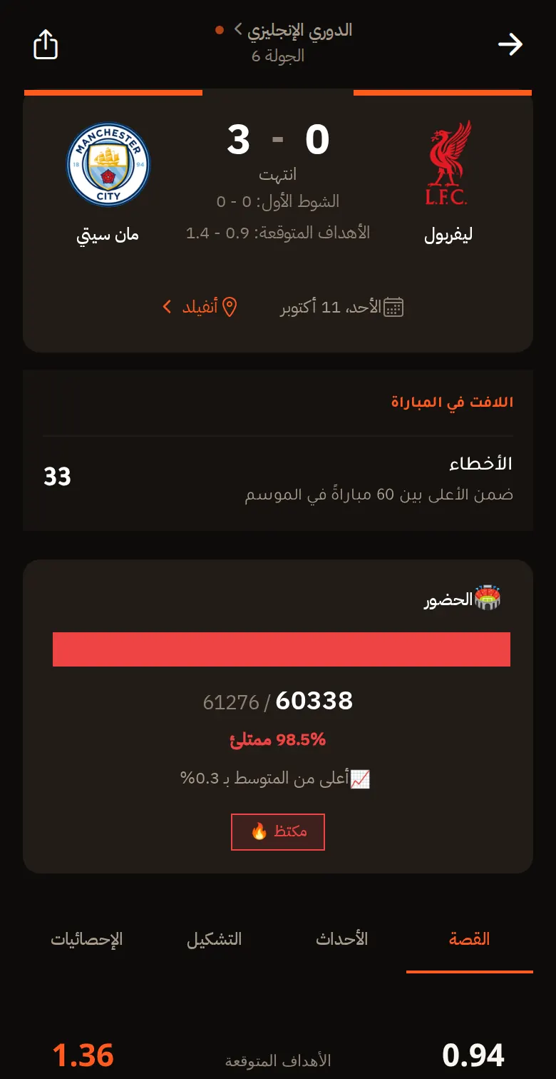 شاشة مباراة ليفربول ومانشستر سيتي